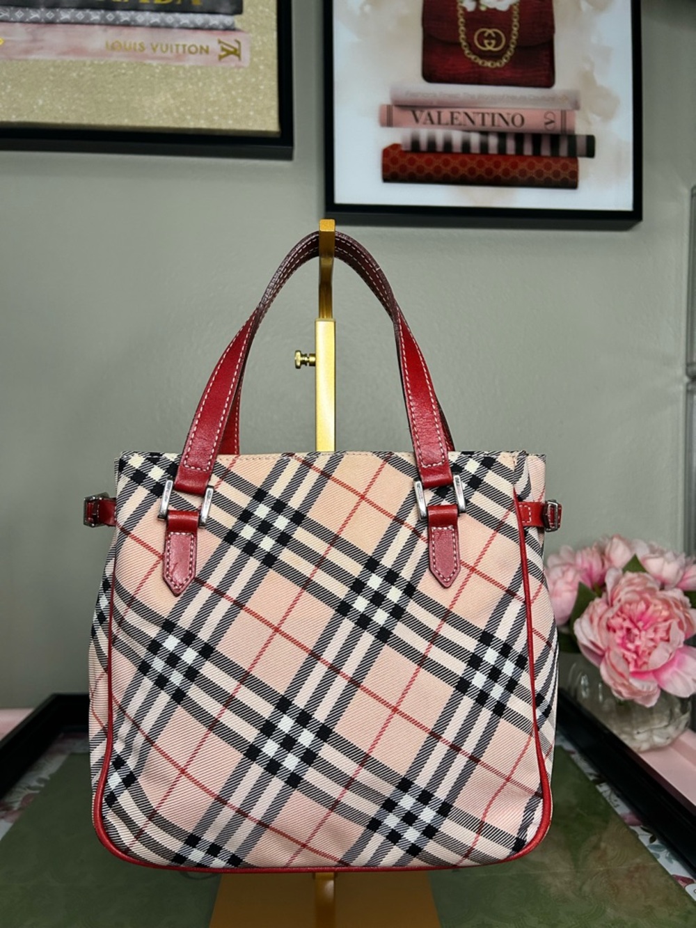 Vintage Burberry Nova Check Tote Bag Red Leather Trim Beige Plaid Shoulder Bag - Picture 2 of 13